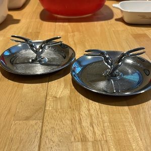 Two Vintage Pincherette Art Deco Shiny Chrome Metal Toucan Penguins Ashtray Tray